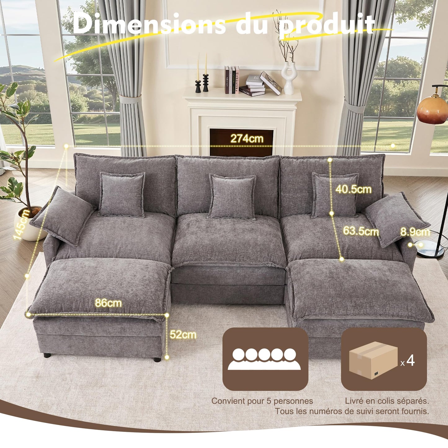 Litbird U-förmiges modulares Sofa 3-Sitzer Ecksofa mit Hocker, tiefes Sitzdesign, Cloud Couch für Wohnzimmer(Hellbraun)