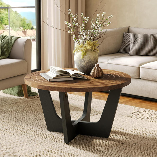 Round Solid Wood Coffee Table, Farmhouse 80 cm Small Coffee Table with Ring Groove, Living Room, Small Space, Brown and Black