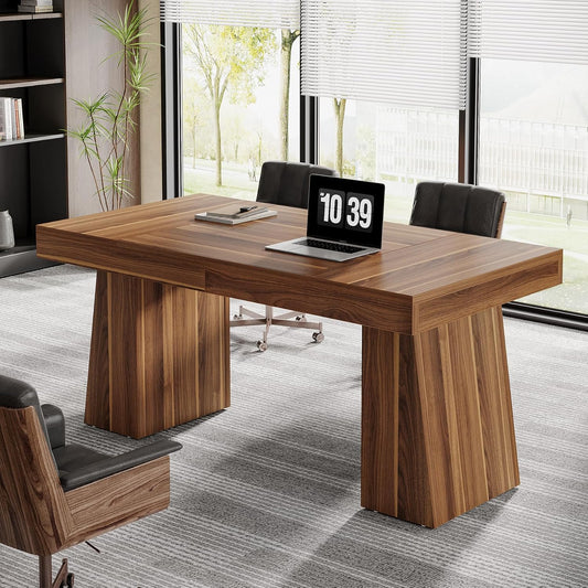 Tribesigns 140 cm Schreibtisch, Moderner Home-Office-Schreibtisch mit Doppeltem Trapezfuß, Holz-Computertisch, Business-Arbeitsplatz, Kleiner Konferenztisch, Braun