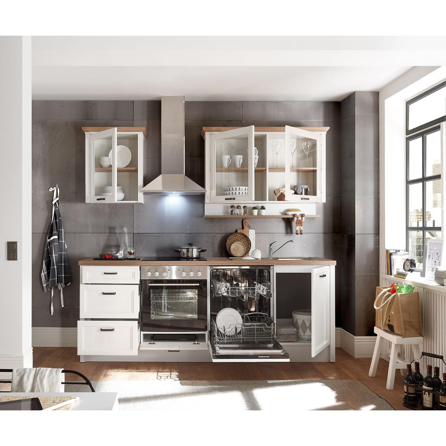 Jasmin Modern Kitchen Unit without Electrical Appliances in Light Pine Artisan Oak Look - Spacious Fitted Kitchen in Country House Style - 344 x 228 x 60 cm (W x H x D)
