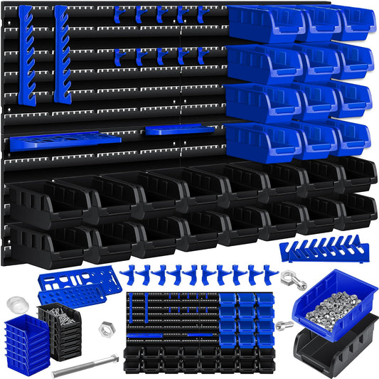MASKO® Stacking Boxes, Wall Shelf, Tool Holder, 45-Piece Set, Expandable Storage Boxes, Storage Shelves, Boltless Hanging Shelf, Assortment Box, Small Parts Magazine Workshop Shelf, Black/Blue