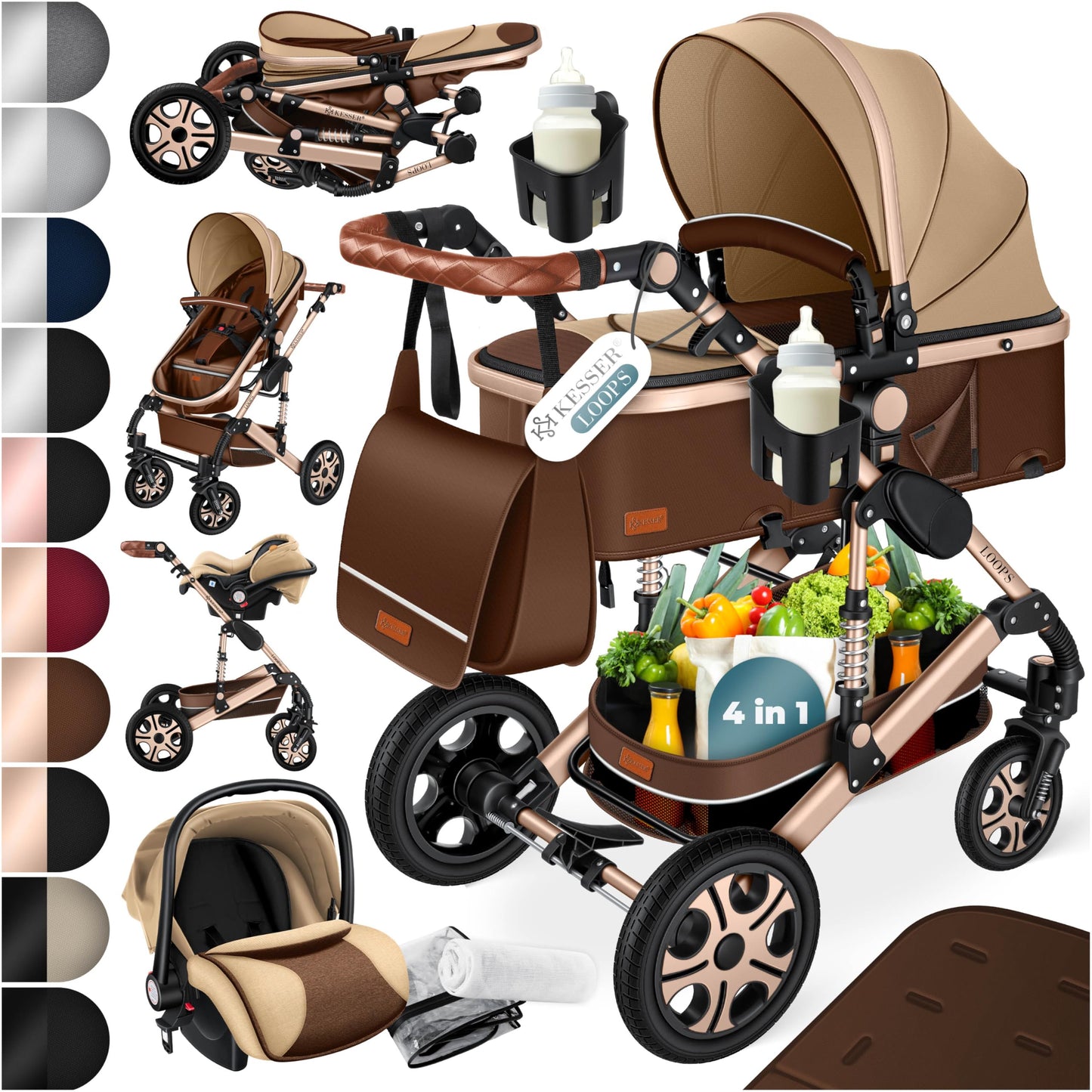 Kesser® Loops 3-in-1 Combination Pram, Complete Set Including Baby Tub & Buggy Sports Seat & Baby Car Seat, Full Rubber Tyres, Changing Bag / Rain Cover / Children's Table Set