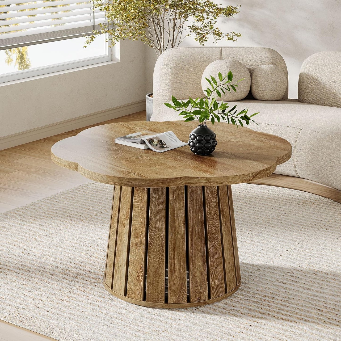 Tribesigns Round Coffee Table 85cm Country Style Living Room Table with Flower Shaped Table Top, Cocktail Table with Wood Accents and Aesthetic Slatted Base Design for Small Spaces, Living Room
