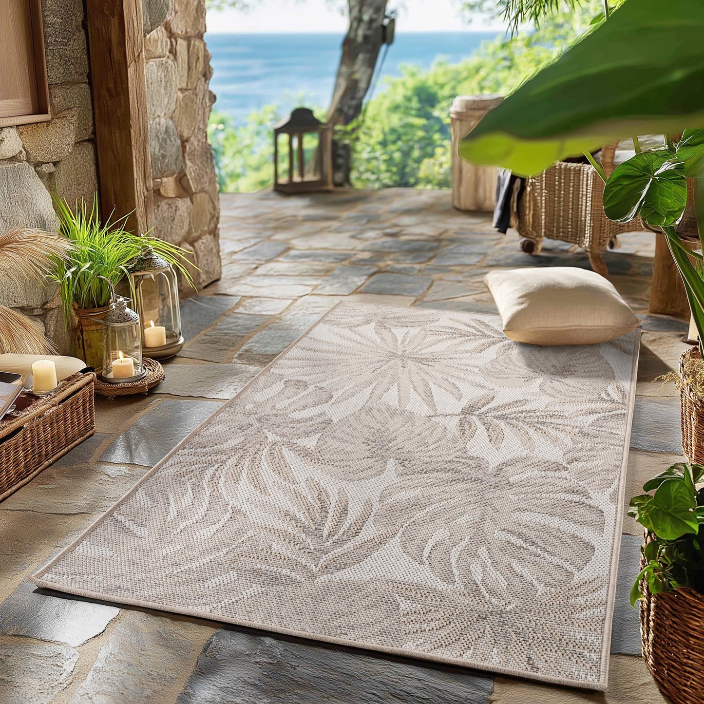 SIMPEX Outdoor Teppich Wetterfest Beige 140x200 cm, UV-beständig, ideal für Küche, Balkon, Terrasse, Garten Wohnzimmer Esszimmer, Skandinavisches Boho-Design, Pfelgeleicht