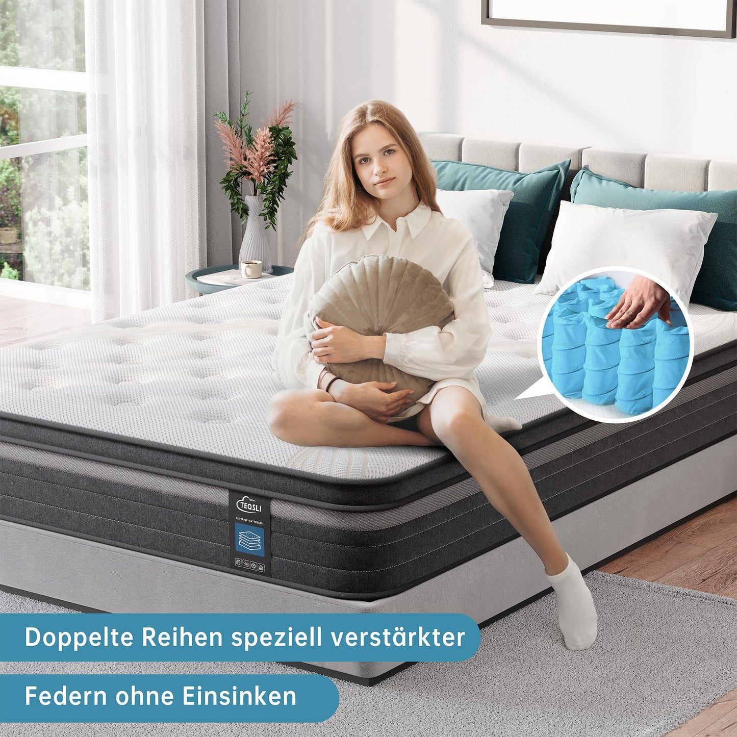 TeQsli Gel Pocket Spring Mattress 180 x 200 cm 25 cm Height 9-Zone Mattress H3 H4 Hardness Orthopaedic & Ergonomic Spring Mattress with Gel Memory Foam, Oeko-Tex & CertiPUR Certified