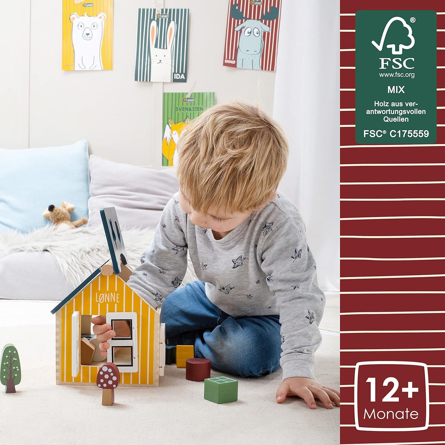 HEJ LØNNE Holz Steckhaus mit 12 Holzbausteine – Montessori Spielzeug zur Förderung von Motorik und Koordination - Steckhaus ab 1 Jahr - Motorikspielzeug