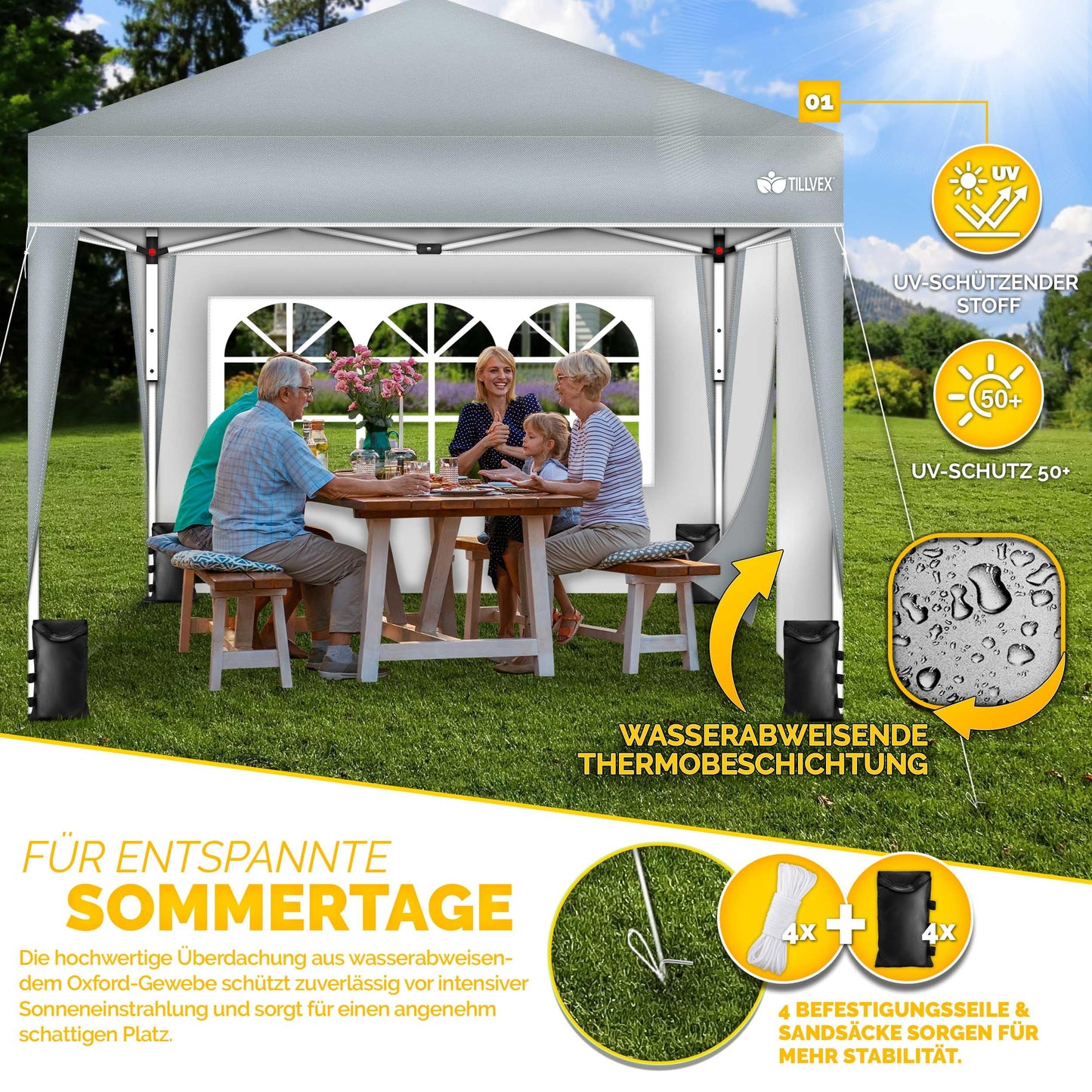 tillvex Gazebo 3 x 3 m Waterproof with 4 Side Panels + Set of 4 Sandbags Pop-Up Folding Gazebo Stable & Height Adjustable Garden Tent UV Protection 50+ Party Tent with Bag for Garden, Grey