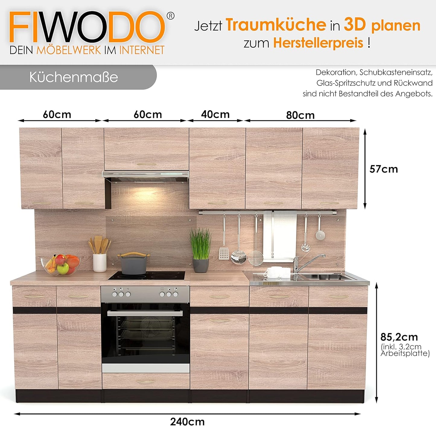 FIWODO Kitchen Unit with Electrical Appliances Extendible Kitchen in Sonoma Oak 240 cm with Sink, Mixer Tap, Cooker, Oven, Extractor Hood