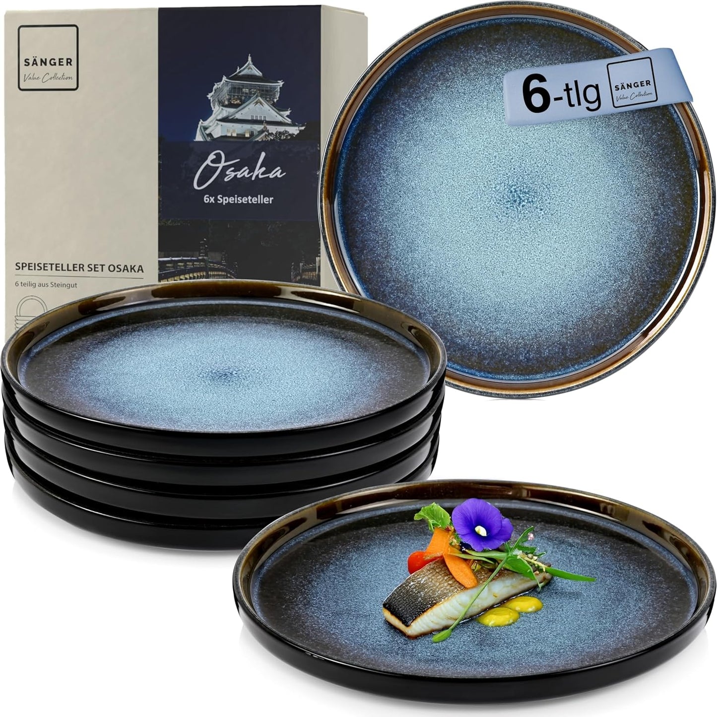 SÄNGER Manila Dinner Service for 6 People, Plate Set, Coffee Mug, Pasta Bowl, 30 Pieces, Stoneware Crockery Set, Dishwasher, Microwave, Scratch-Resistant, Blue with Black Rim, Value Collection