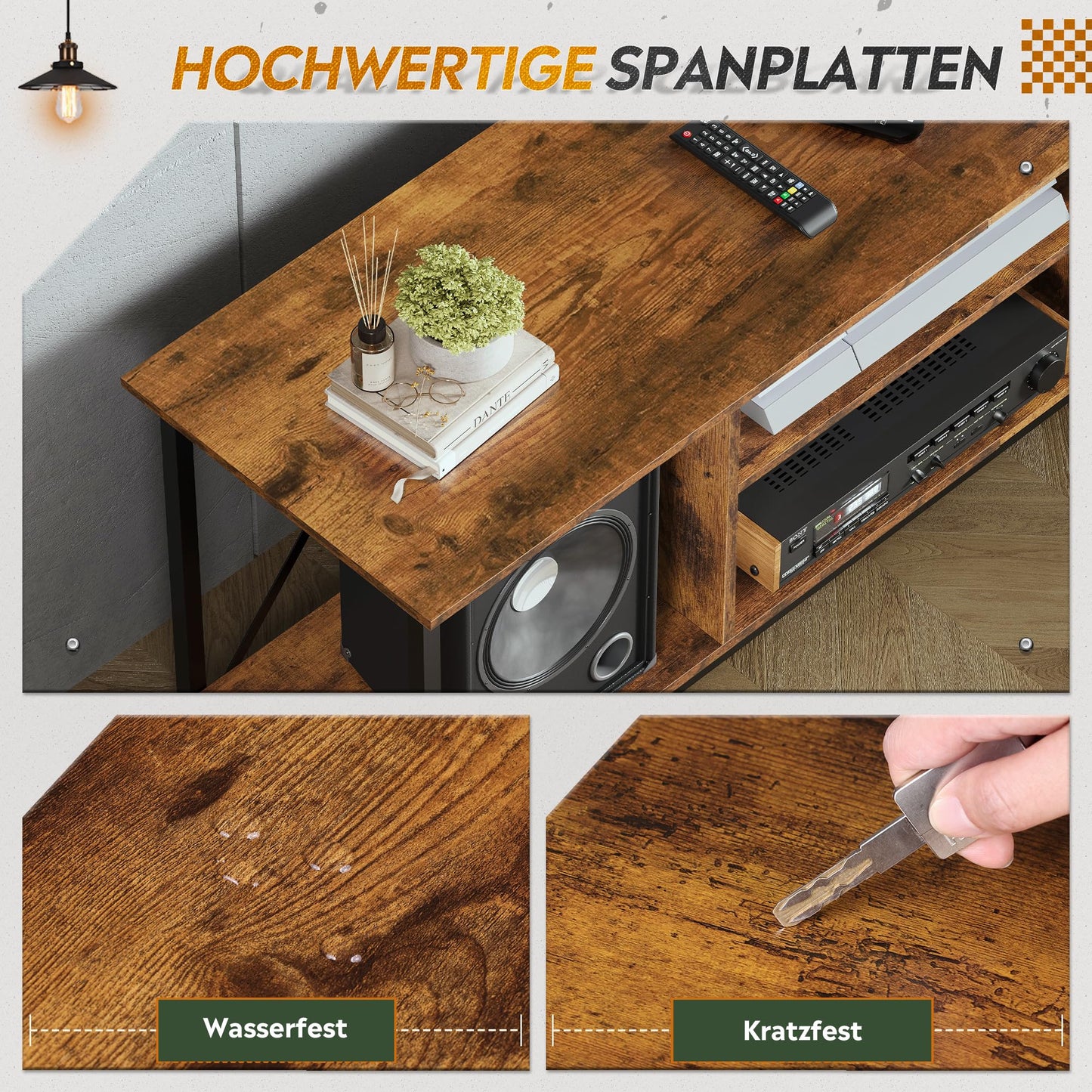 WLIVE TV Schrank, TV Lowboard für Fernseher bis zu 65 Zoll, TV Board Fernsehschrank mit Offenen Stauraum, 140 x 40 x 49 cm, Fernsehtisch für Wohnzimmer und Schlafzimmer, Vintagebraun-Schwarz