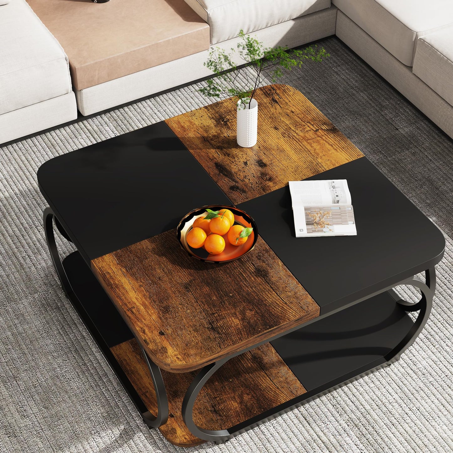 Tribesigns Square Coffee Table for Living Room, 100 x 100 x 50 cm, Wood Composite Coffee Table, Low Living Room Table for Modern Living Room, Rustic Brown, Black