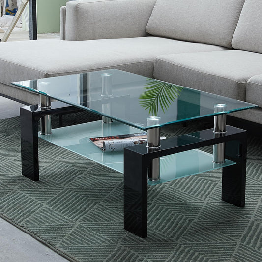 CLIPOP Rectangular Coffee Table Made of Tempered Glass, Living Room Table, Modern Sofa Table with Storage Space, Coffee Table, Glass Table with Lower Shelf for Living Room, Balcony, Bedroom, 100 x 60