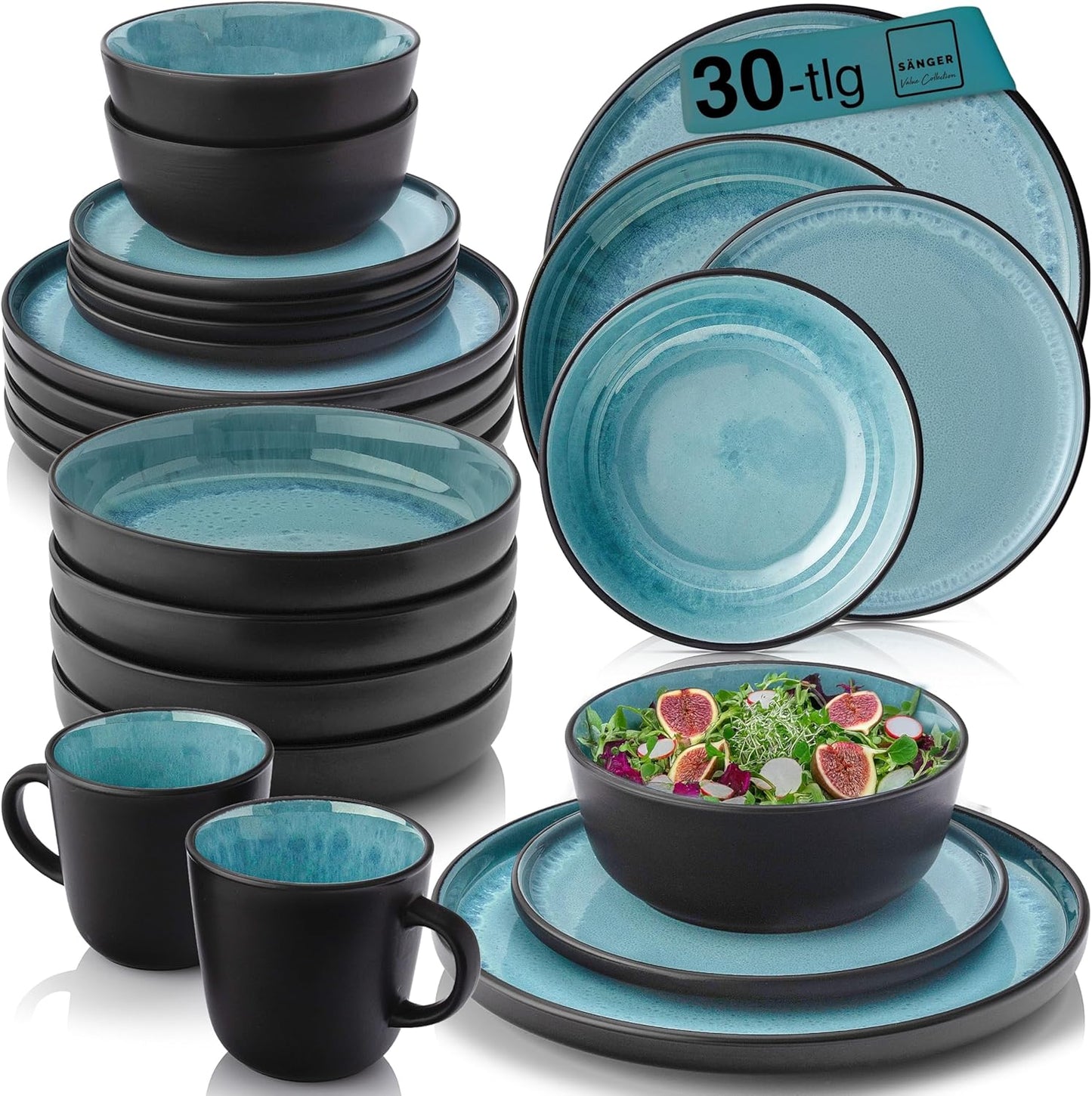 SÄNGER Manila Dinner Service for 6 People, Plate Set, Coffee Mug, Pasta Bowl, 30 Pieces, Stoneware Crockery Set, Dishwasher, Microwave, Scratch-Resistant, Blue with Black Rim, Value Collection