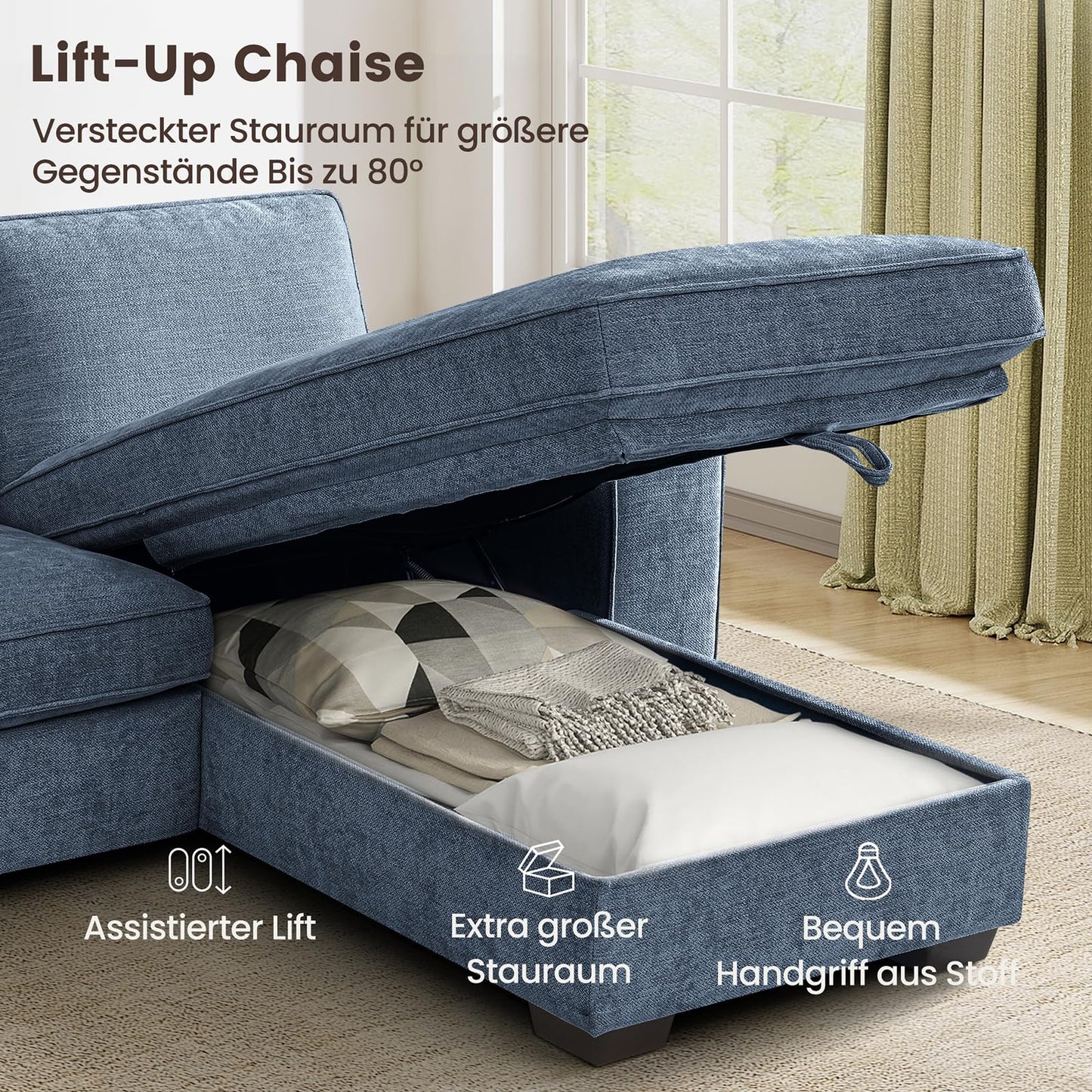 DUANDUAN 250CM Convertible Sektionssofa Couch mit Chaise Lagerung, Moderne L-förmige Reversible Design, Bequeme Chenille Stoff, abnehmbare Kissenbezüge USB Typ-C Ports Wohnzimmer(Beige)