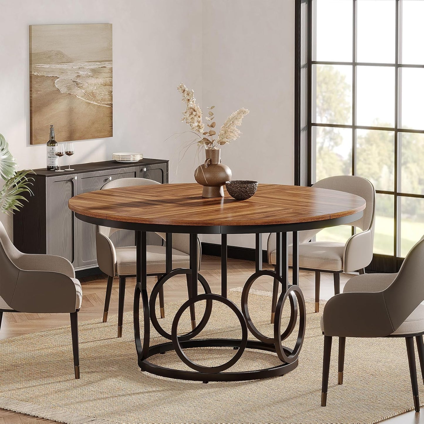 Tribesigns Round Dining Table 47 Inch Wooden Kitchen Table with Sturdy Metal Base for 4-6 People Large Round Dining Table for Dining Room Kitchen Living Room (Brown & Black, Desk Only)