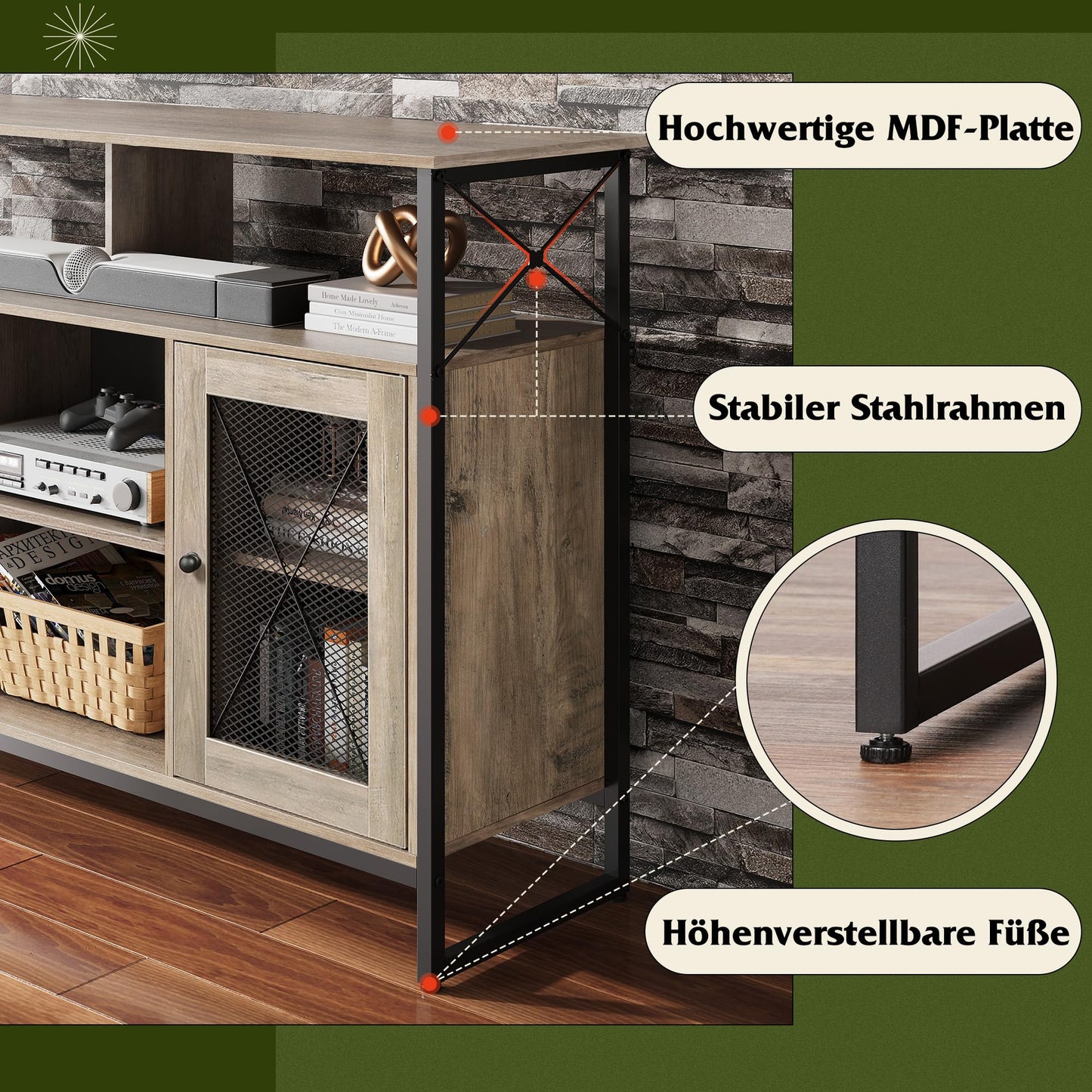 WLIVE Cabinet TV Schrank für Fernseher bis zu 55 Zoll, 128 × 36 × 82 cm Hoch TV Borad Fernsehschrank mit Verstellbaren Ablagen, Fernsehtisch mit Zwei Schränken, TV Tisch für Wohnzimmer