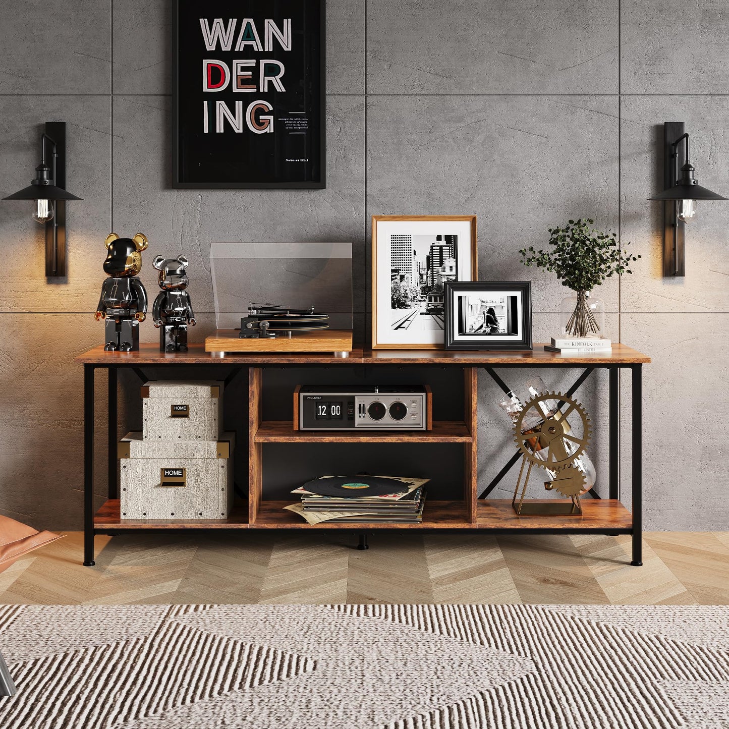 WLIVE TV Schrank, TV Lowboard für Fernseher bis zu 65 Zoll, TV Board Fernsehschrank mit Offenen Stauraum, 140 x 40 x 49 cm, Fernsehtisch für Wohnzimmer und Schlafzimmer, Vintagebraun-Schwarz
