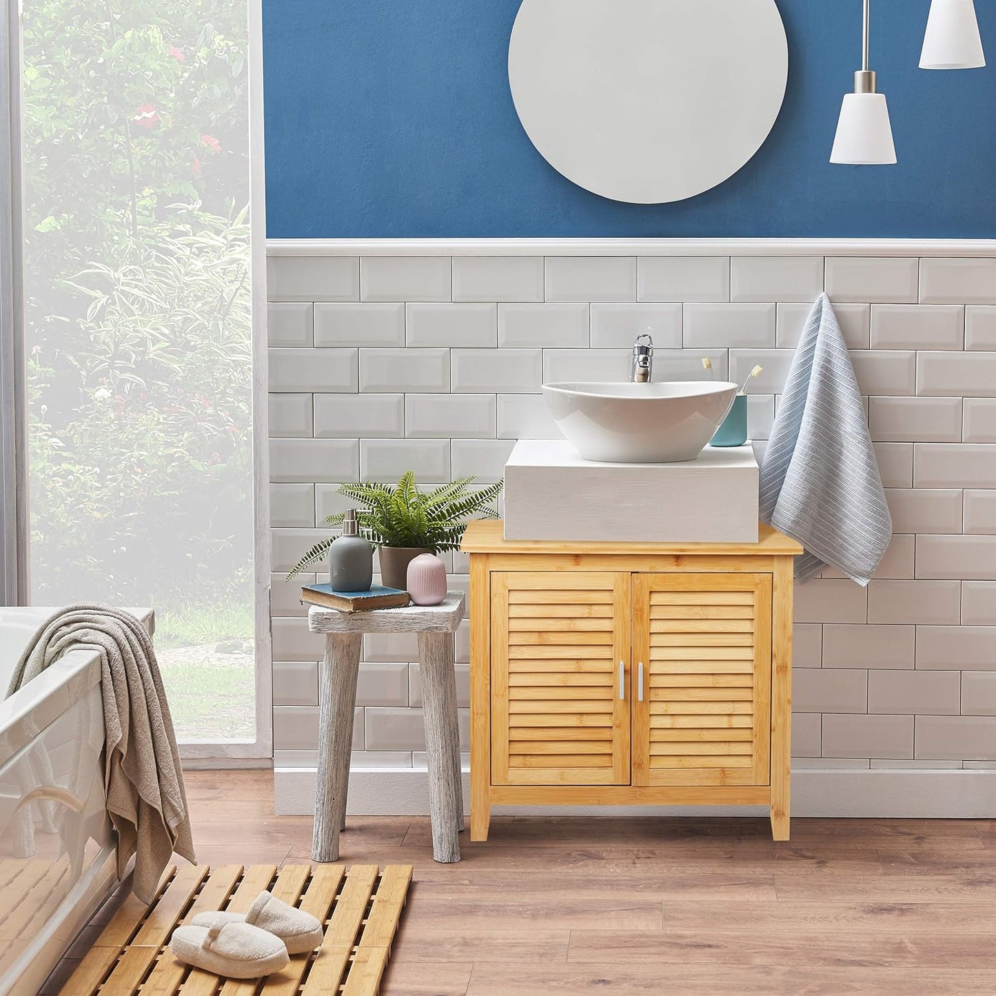 Relaxdays Bamboo Vanity Unit H x W x D: 60 x 67 x 30 cm, 1 Large Compartment, 2 Doors, Magnetic, Bathroom Cabinet, Natural