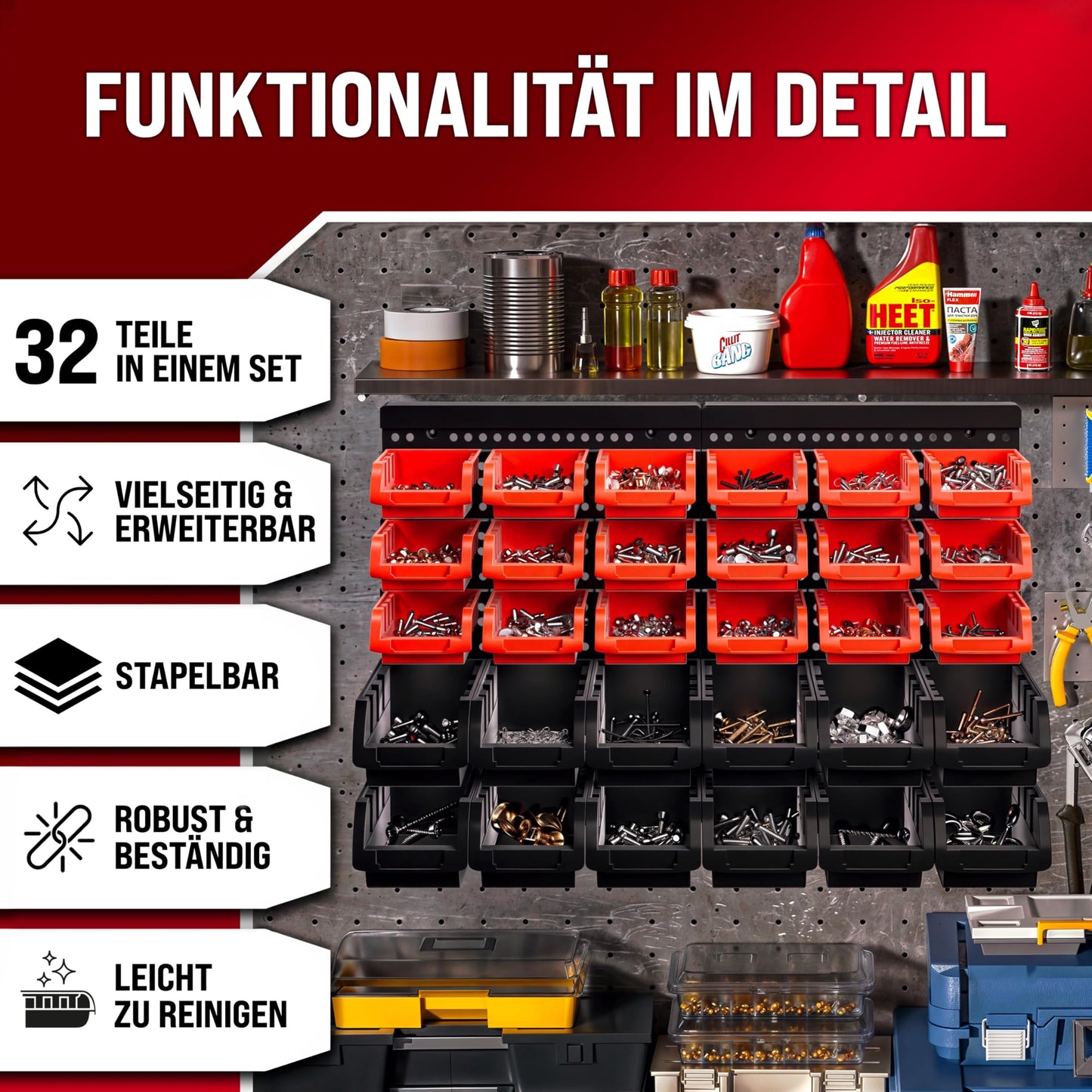 Deuba® Wall Shelf + Stacking Boxes - Extra Strong Wall Panels - Extendable Workshop Shelving