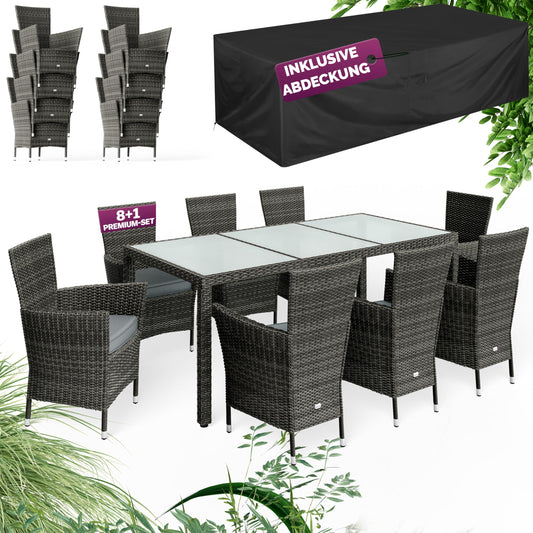 Casaria® Gartenmöbel Set 8 Personen Stühle inkl. 7cm Polster & Abdeckung Tisch 190x90cm 160kg Belastbar Wetterfest Polyrattan Stapelbar Terrasse Möbel Grau