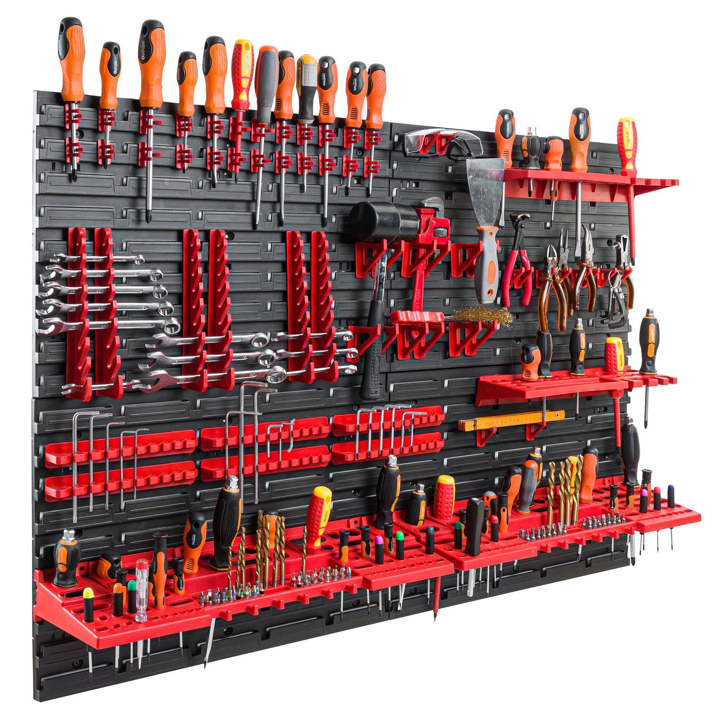 Storage System Wall Shelf 230 x 78 cm, Tool Holders, 46 Pieces Stacking Boxes, Storage Shelves, Storage Boxes, Extra-Strong Wall Shelves, Expandable Workshop Shelving, Workshop Shelves