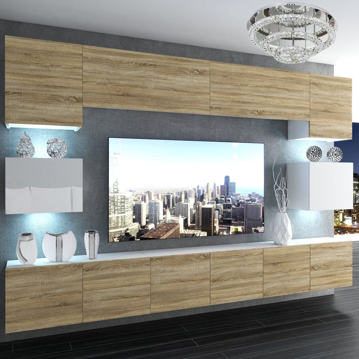 BELINI Living Room Wall Unit Full Equipment Living Room Set Modern Cabinet Wall with LED Lighting TV Cabinet White