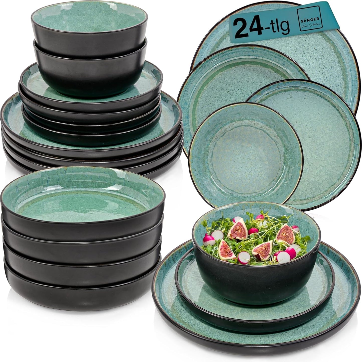 SÄNGER Manila Dinner Service for 6 People, Plate Set, Coffee Mug, Pasta Bowl, 30 Pieces, Stoneware Crockery Set, Dishwasher, Microwave, Scratch-Resistant, Blue with Black Rim, Value Collection