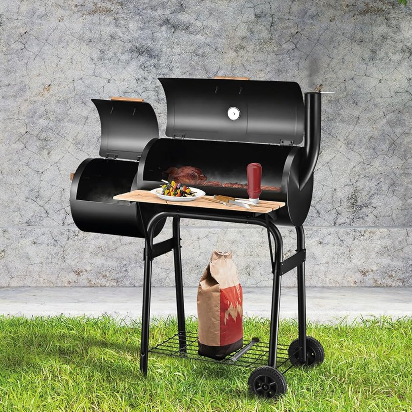 MARK ADLER Roast 7.0 | BBQ Barbecue Grill Smoker Grill Trolley Charcoal Grill Smoker Oven Garden Grill Fireplace Multifunction Large Grate Transport Wheels Temperature Display Sheet Steel | Black