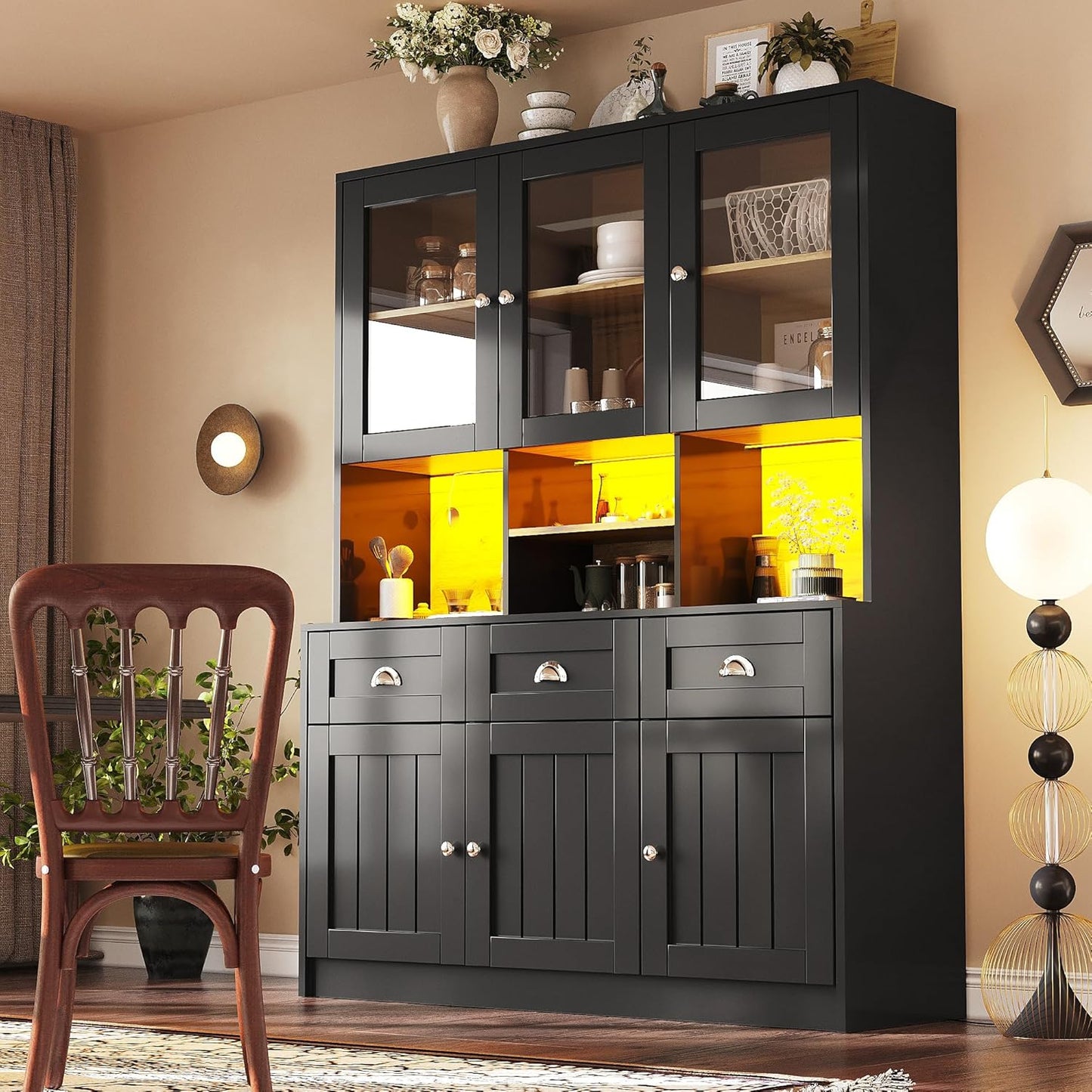 Dolamaní Kitchen Cabinet Buffet Cabinet 140 x 40 x 175 cm with LED More Storage Space for Kitchen, Buffet with Worktop & Adjustable Shelf, Display Cabinet with 3 Drawers with 6 Doors (Black)