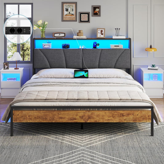 Brinlawb Bed 180 x 200 cm with Metal Slatted Frame, Double Bed 180 x 200 cm with LED Lighting, Bed Frame 180 x 200 cm Bed with Headboard and Charging Station (2 AC Sockets, 2 USB Ports), Modern, Grey