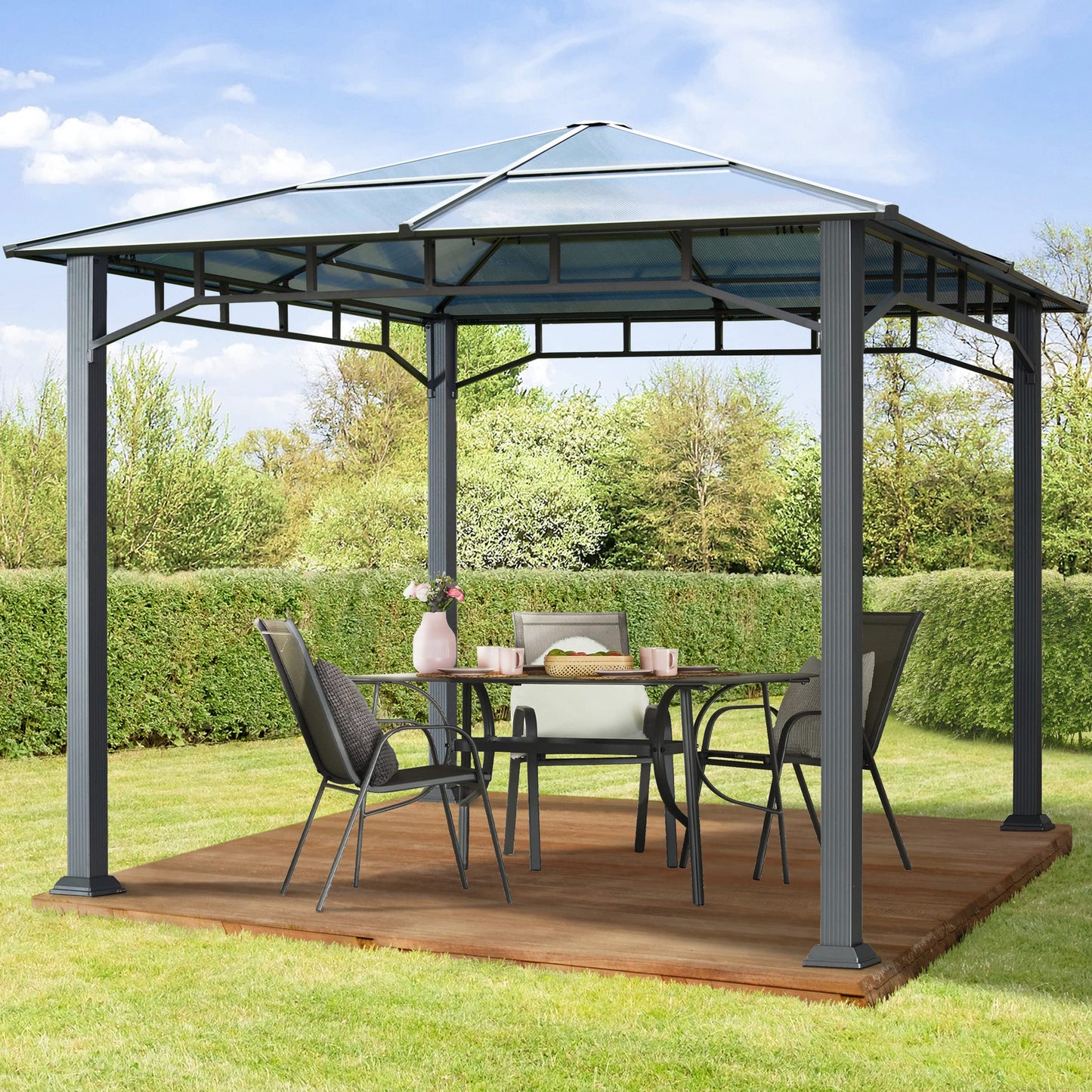Toolport Garden Gazebo, 3 x 4 m, Waterproof, Aluminium, Deluxe, Polycarbonate Roof Approx. 8 mm, Gazebo with 4 Side Panels, Party Tent, Grey, 9 x 9 cm Profile