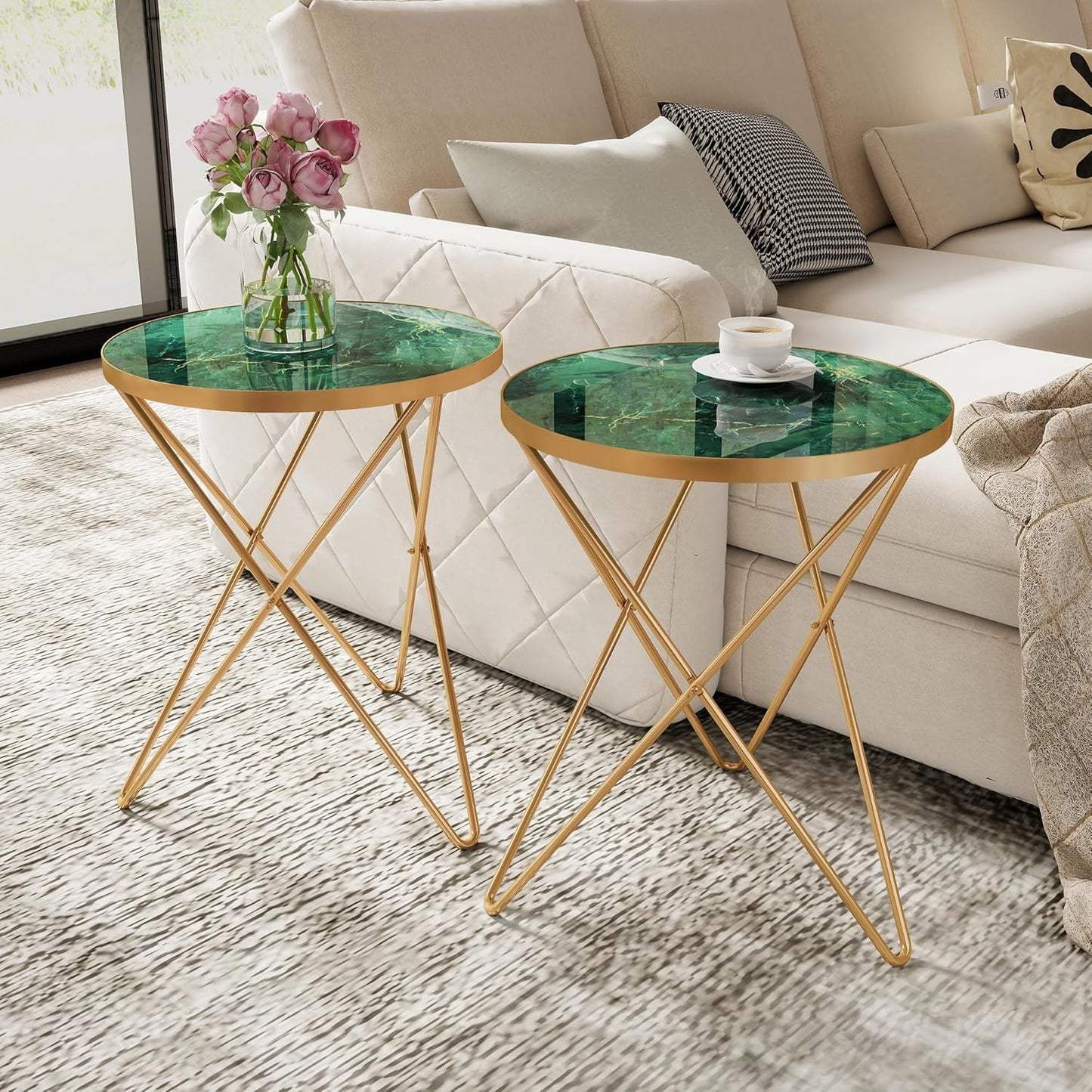 Coffee Table Side Table Round Black Green Living Room Table Sofa Table for Living Room Garden Balcony Bedroom Table Round Modern Plant Table Outdoor with Marble Pattern