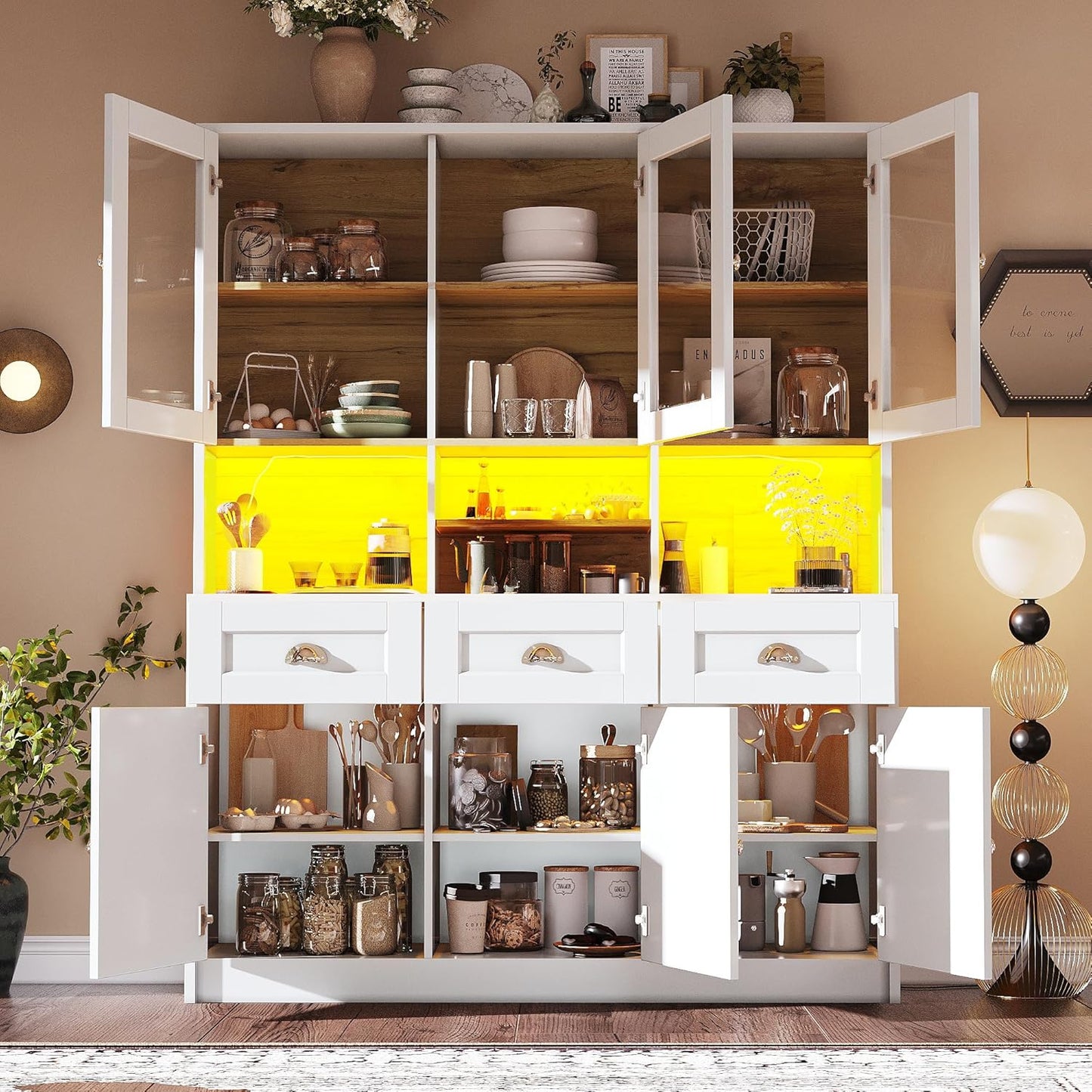 Dolamaní Kitchen Cabinet Buffet Cabinet 140 x 40 x 175 cm with LED More Storage Space for Kitchen, Buffet with Worktop & Adjustable Shelf, Display Cabinet with 3 Drawers with 6 Doors (Black)