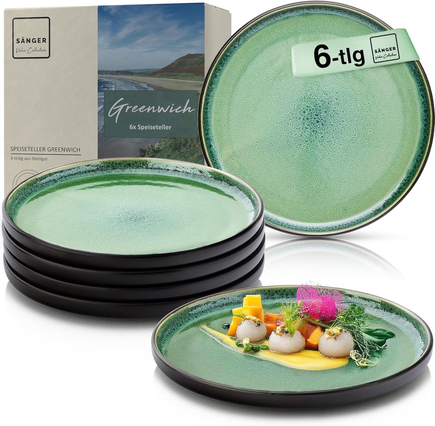 SÄNGER Manila Dinner Service for 6 People, Plate Set, Coffee Mug, Pasta Bowl, 30 Pieces, Stoneware Crockery Set, Dishwasher, Microwave, Scratch-Resistant, Blue with Black Rim, Value Collection