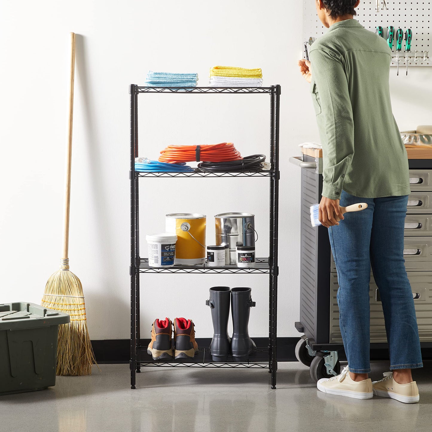 Amazon Basics Narrow Storage Unit with 4 Shelves, Height Adjustable Shelves and Leveling Feet, Maximum Weight 363 kg, Black, 34 cm D x 58.9 cm W x 121.9 cm H
