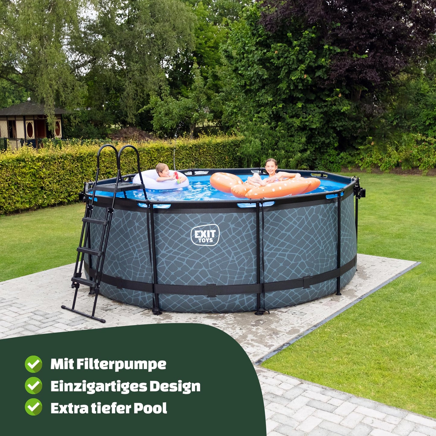EXIT Toys Soft Grey Pool - 300x200x65cm - Rechteckiger, Kompakter Rahmenpool mit Kartuschenfilterpumpe - Leicht Zugänglich - Für Kleinkinder Geeignet - Starker Rahmen - Einzigartiges Design - Grau