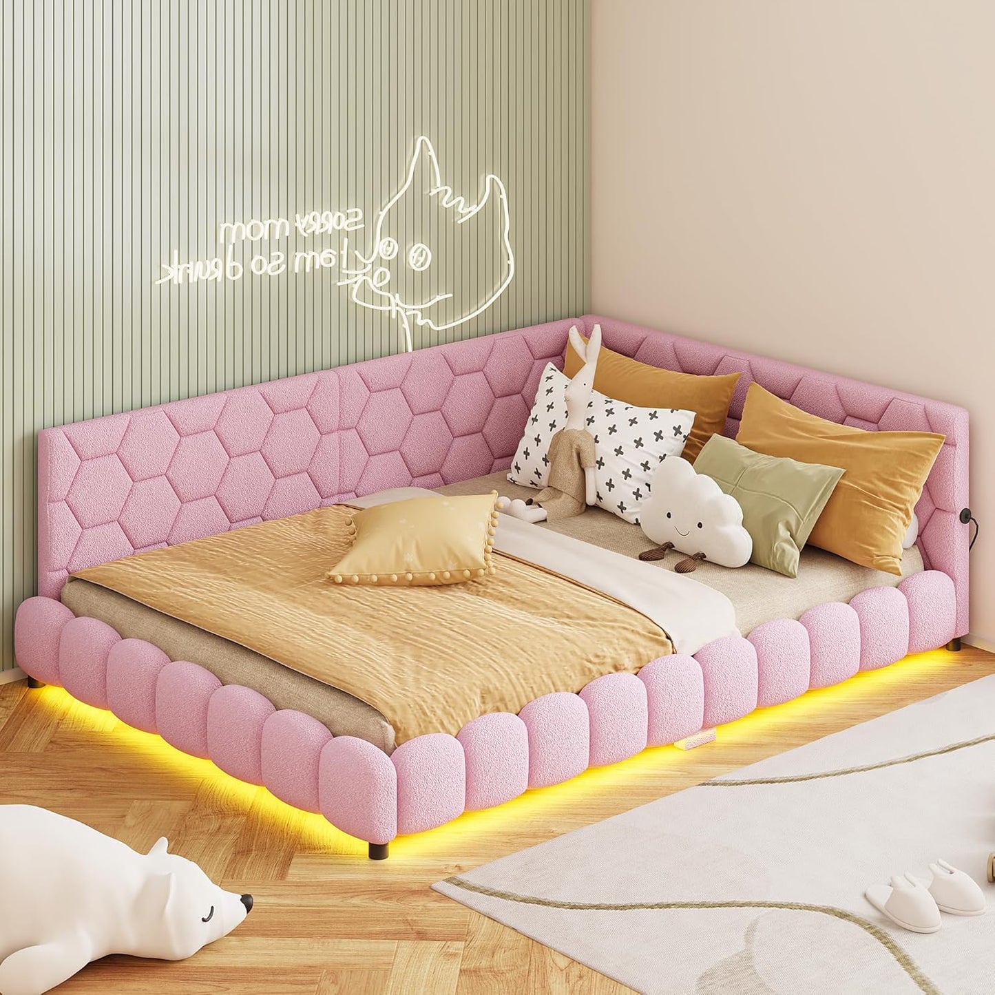 Upholstered Sofa Bed 140 x 200 cm, with Ambient Light and USB Connection, Children's Bed with Slatted Frame, Functional Bed, Teenager's Bed, Lambswool Material, Pink