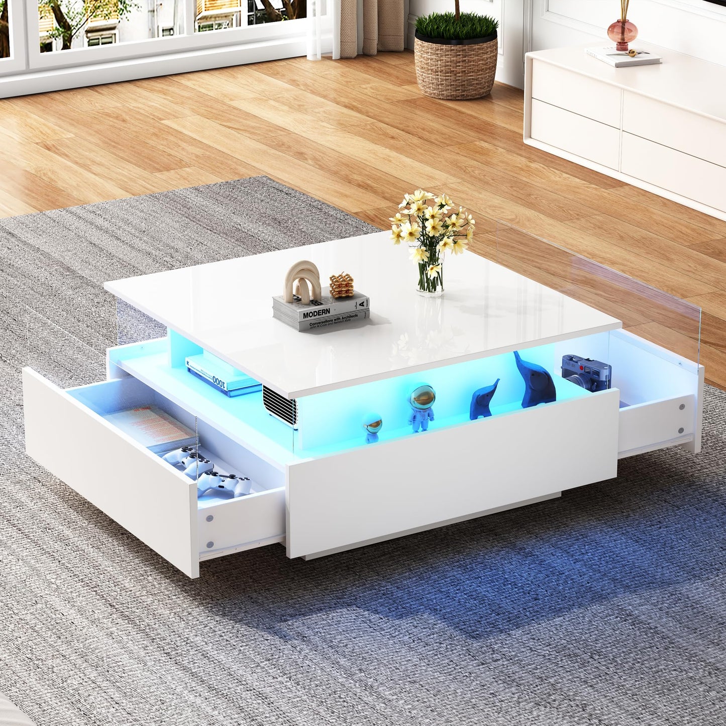 Modern High-Gloss LED Coffee Table with 2 Drawers and Transparent Presentation Area, Storage Space, Stable and Durable - Load Capacity up to 30 kg, Ideal for Living Room, 70 x 70 x 41 cm (Black)