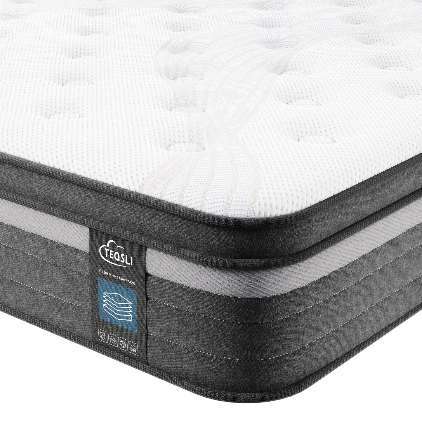TeQsli Gel Pocket Spring Mattress 180 x 200 cm 25 cm Height 9-Zone Mattress H3 H4 Hardness Orthopaedic & Ergonomic Spring Mattress with Gel Memory Foam, Oeko-Tex & CertiPUR Certified
