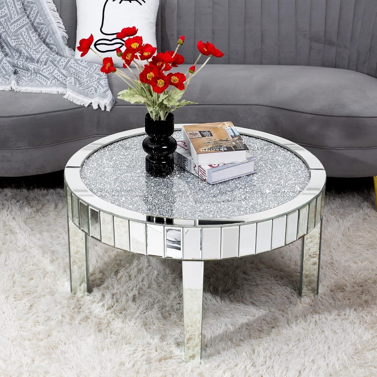 SHYFOY Mirrored Coffee Table Crystal, Round Living Room Table, Sofa Table for Living Room, Top with Crystal Diamonds, MDF Structure, Easy Assembly, Luxurious Mirror Furniture, Silver