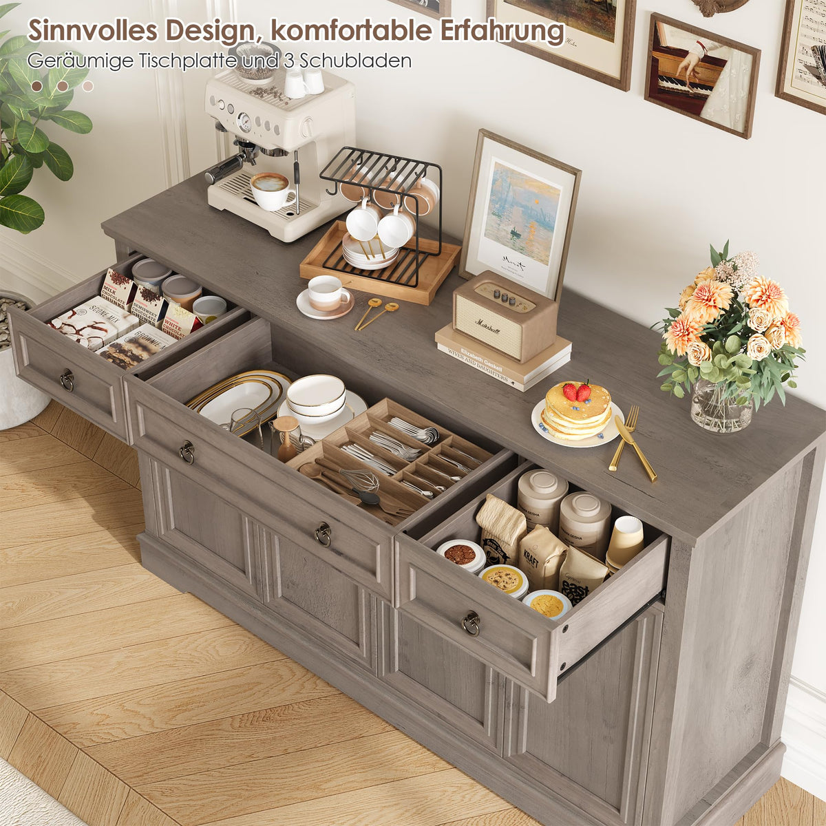 FirFurd Sideboard Kitchen Cabinet with Worktop Buffet Cabinet Sideboard for Kitchen Living Room Cabinet with 3 Drawers and 4 Doors Kitchen Buffet with Adjustable Shelf 134 x 87 x 40 cm White