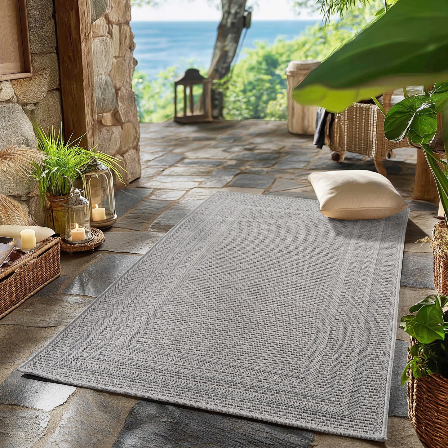 SIMPEX Outdoor Teppich Wetterfest Beige 140x200 cm, UV-beständig, ideal für Küche, Balkon, Terrasse, Garten Wohnzimmer Esszimmer, Skandinavisches Boho-Design, Pfelgeleicht