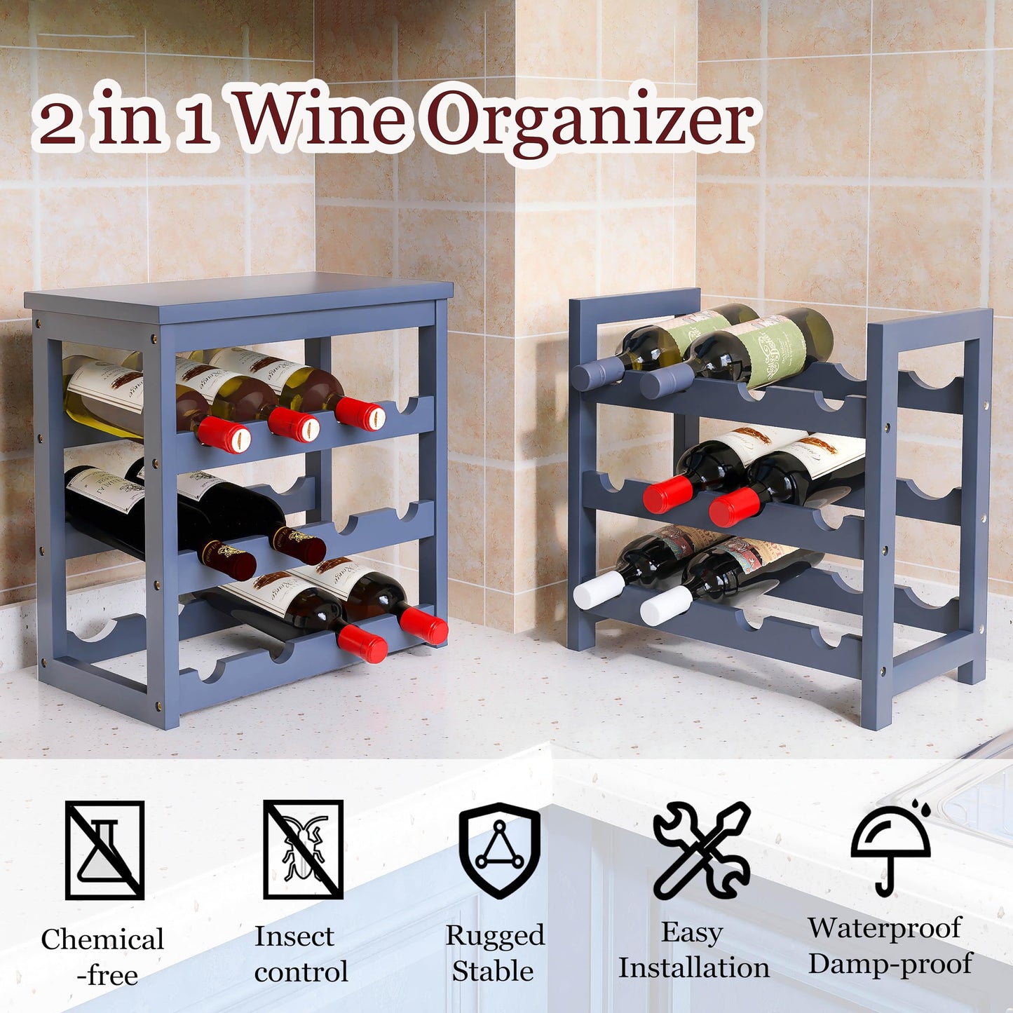 24 Bottle Wine Rack Freestanding Base, 6 Tier Wine Display Storage Shelves with Table Top, Bamboo Wine Bottle Holder Stand with Wave Bars for Kitchen, Dining Room, Pantry, Black