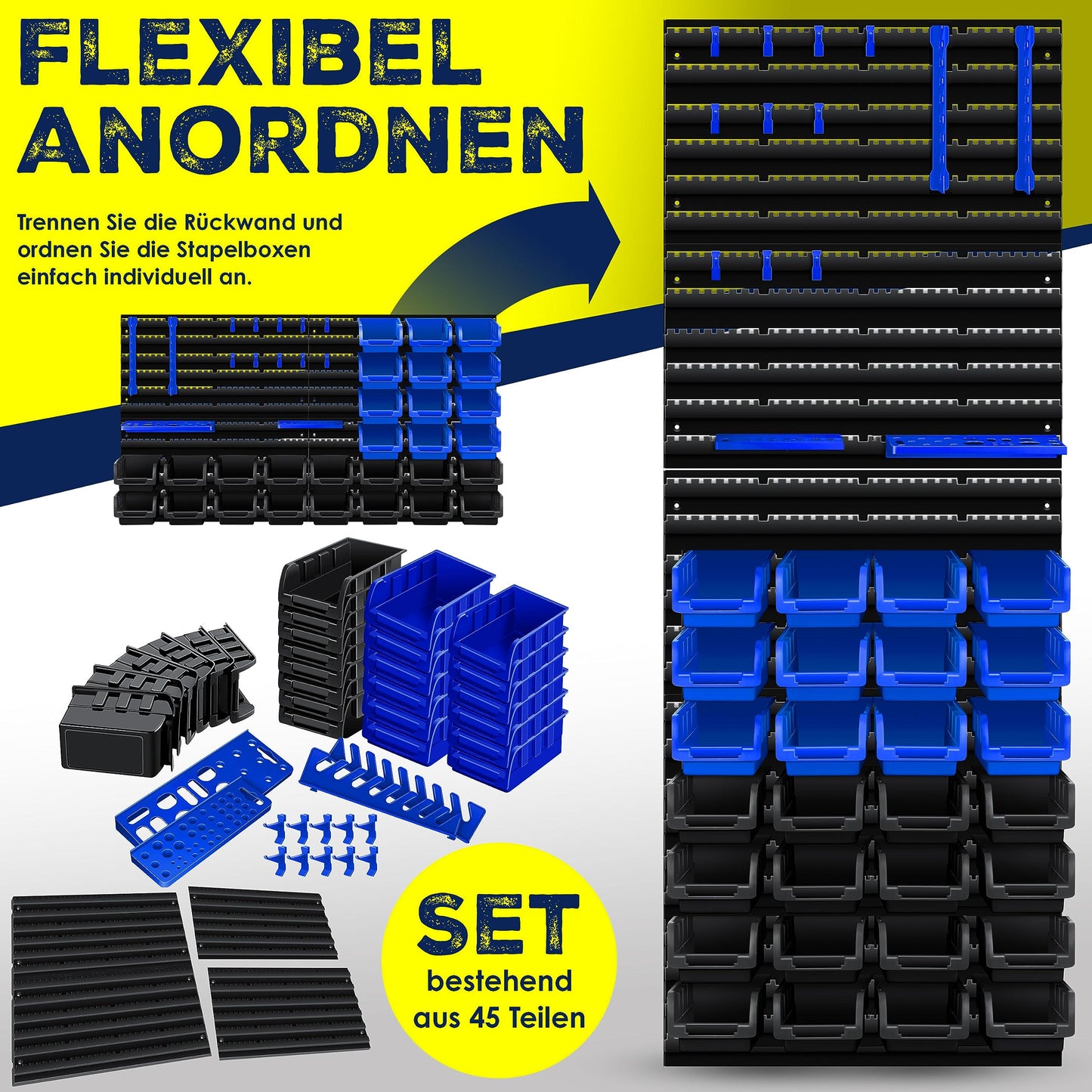 MASKO® Stacking Boxes, Wall Shelf, Tool Holder, 45-Piece Set, Expandable Storage Boxes, Storage Shelves, Boltless Hanging Shelf, Assortment Box, Small Parts Magazine Workshop Shelf, Black/Blue