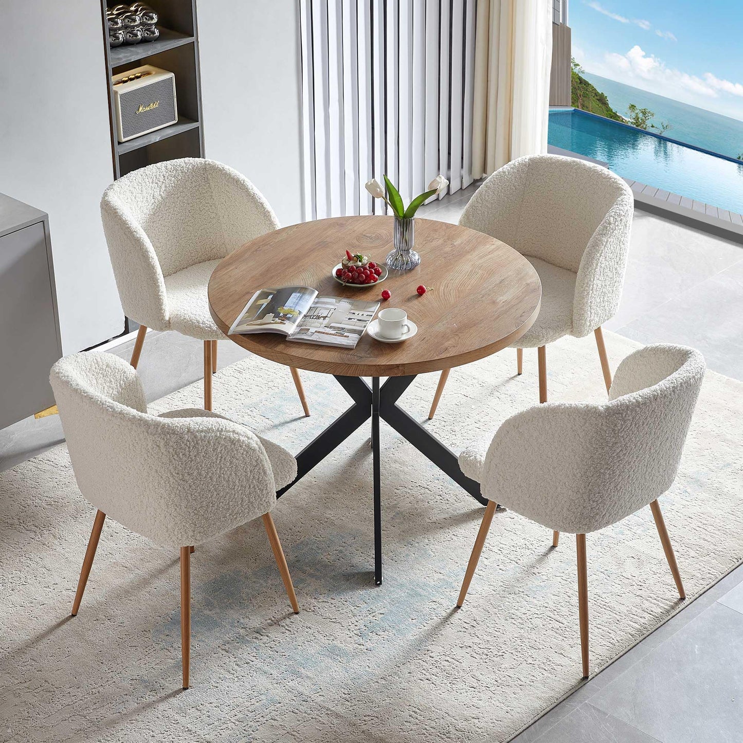 NORDICANA Esstisch mit 4 Stühlen Set, 95cm Runder Esstisch und 4 Kunstfell Loungesessel, Esszimmergruppe mit 4 Essstühlen, für Küche, Büro, Wohnzimmer, Balkon, Restaurant(Tisch+4 Braun Stühle)
