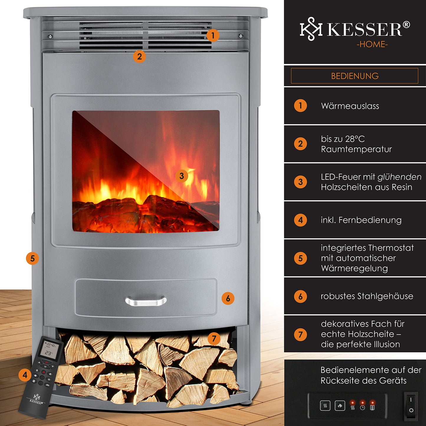 KESSER Prio Electric Fireplace Heater Fan Remote Control WiFi App 950/1900 W Fireplace Electric LED Flame Effect Fireplace Electric Thermostat Panoramic Viewing Window Heating Function Timer, Grey