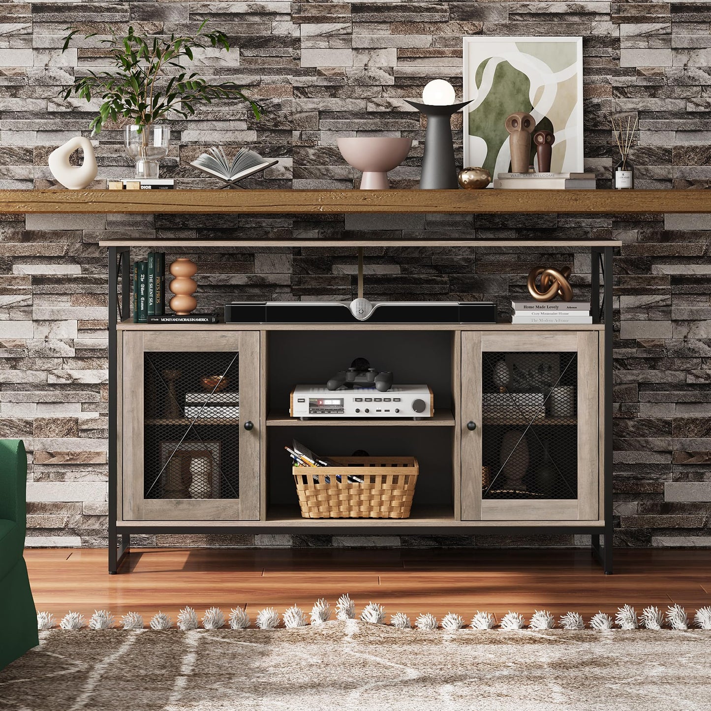 WLIVE Cabinet TV Schrank für Fernseher bis zu 55 Zoll, 128 × 36 × 82 cm Hoch TV Borad Fernsehschrank mit Verstellbaren Ablagen, Fernsehtisch mit Zwei Schränken, TV Tisch für Wohnzimmer