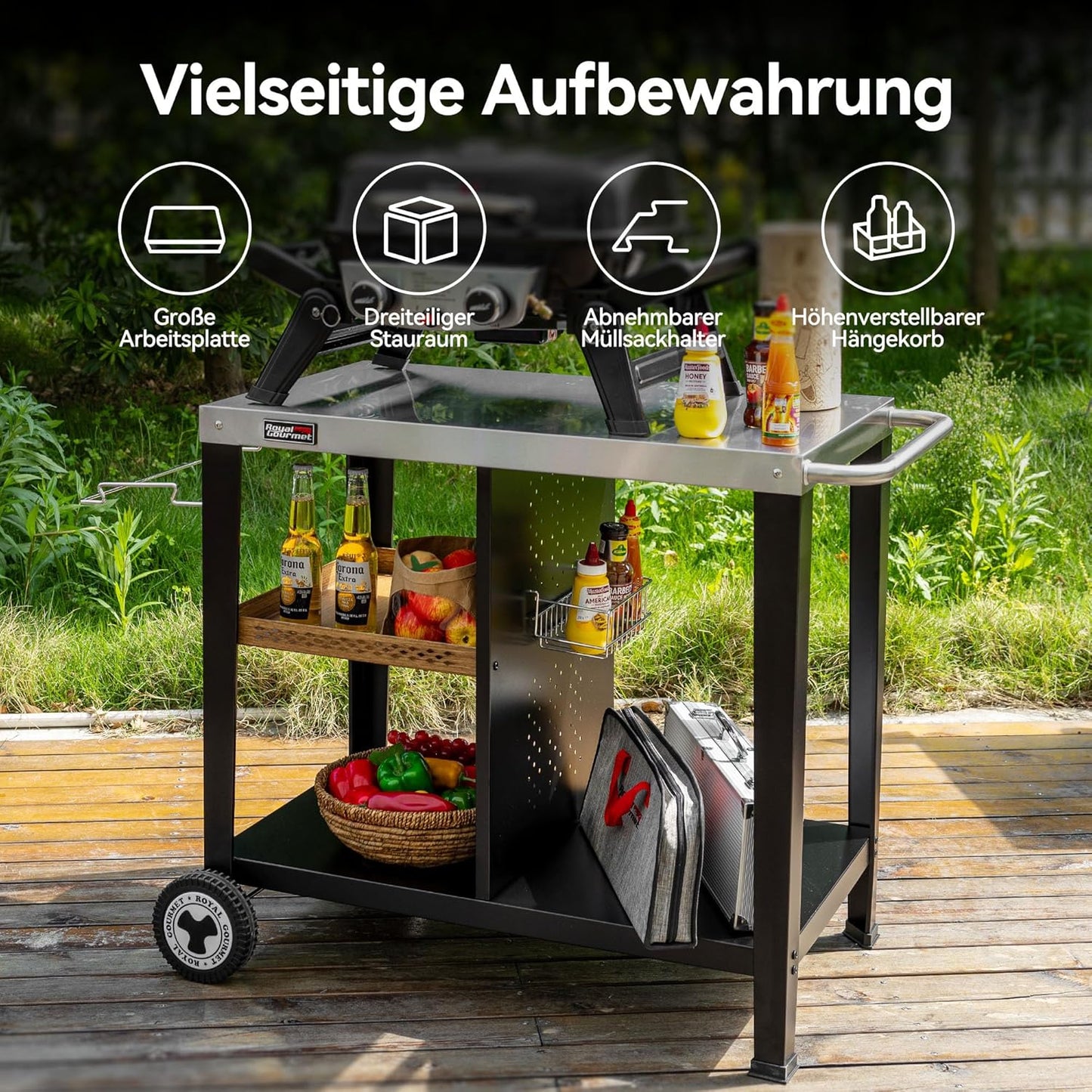 Royal Gourmet Grill Table with 85 x 50 cm Stainless Steel Plate, 3 Tier Grill Trolley for Table Grill and Pizza Ovens, Trolley with Handles, Bin Bag Holder & Storage Shelves, Easy to Clean and Movable
