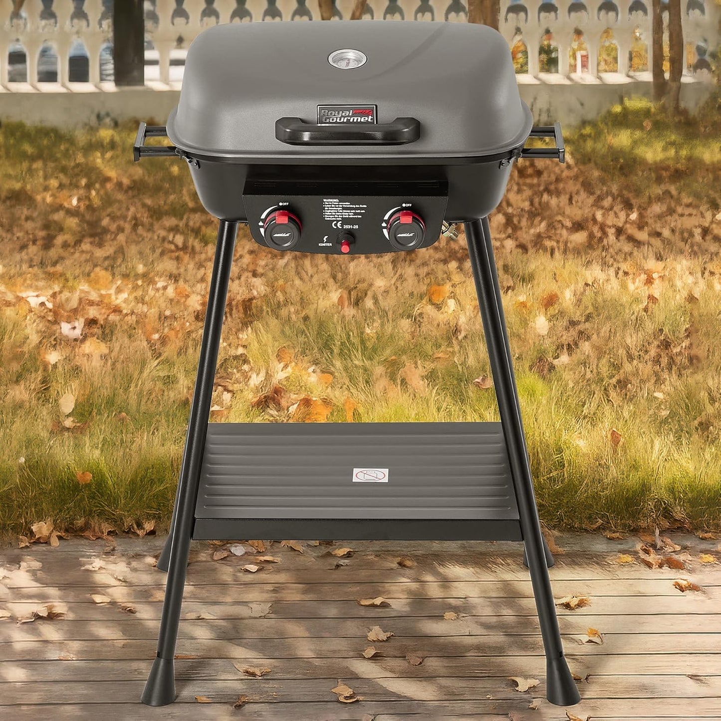 Royal Gourmet 2-Burner Gas Barbecue Small Balcony Picnic Grill 5 kW Barbecue Trolley for Garden and Camping with Easy to Disassemble Grill Stand