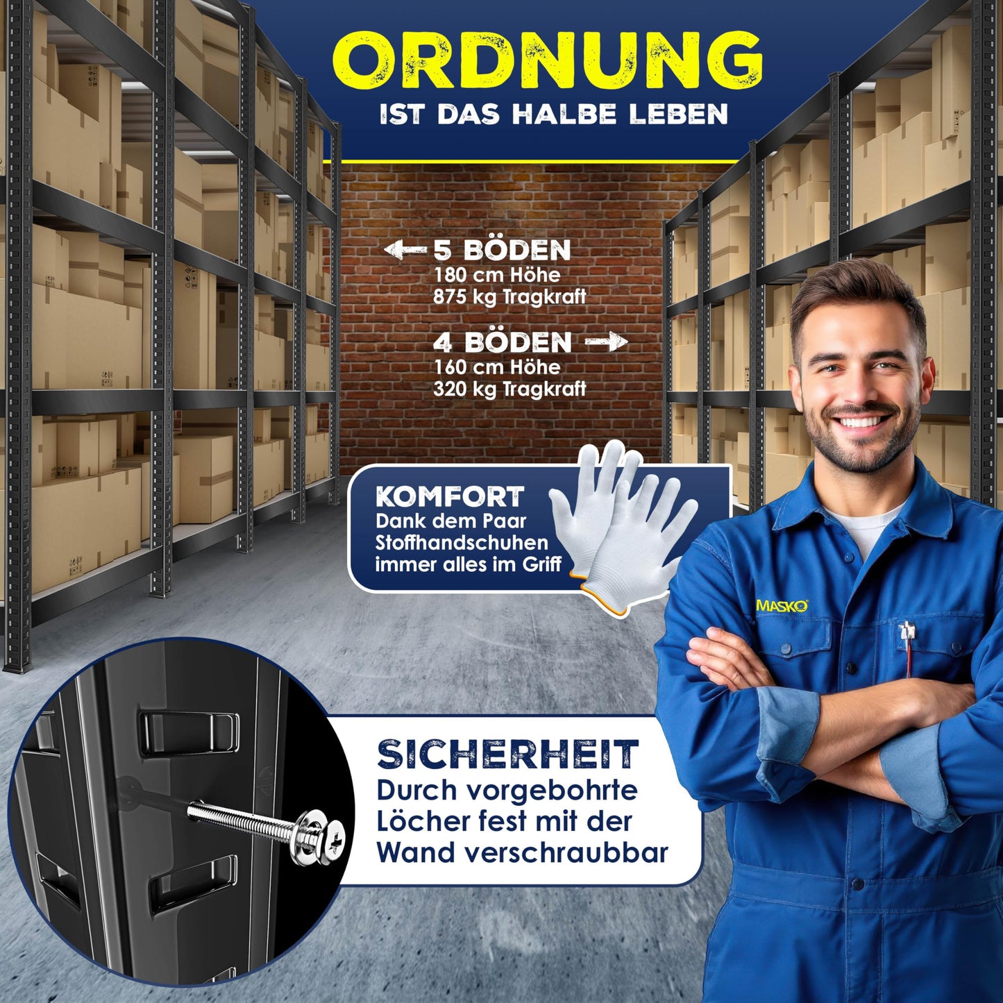MASKO® Set of 2 Storage Shelves, Heavy Duty Shelves, Basement Shelves, 160 x 80 x 40 cm, Maximum Load 700 kg, 4 Adjustable Shelves, MDF Panels, Boltless Metal Shelf, Workshop, Basement, Garage, Black